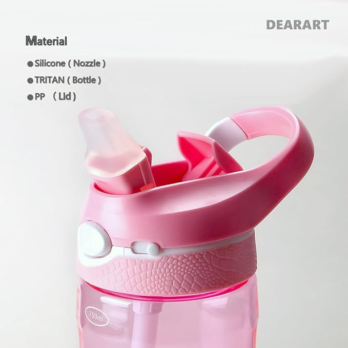 DEARART 24oz Water Bottles With Straw, 100% Leakproof BPA FREE Hidden Nozzle, Flip Up Lid Clear Water Bottle With Handle, Wide Bottle Easy Clear, Suit Office Gym Yoga Sports Travel, Pink