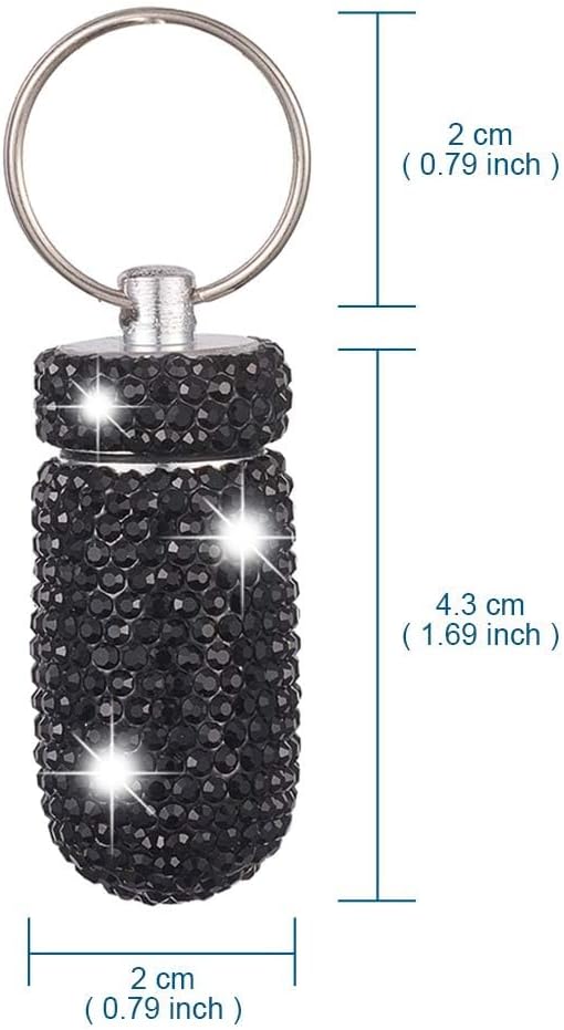 XhuangTech Waterproof Keychain Pill Box Bling Round Medicine Organizer Holder Container Aluminum Portable Mini Bottle Storage Case for Outdoor Travel Camping Purse Pocket (Black)