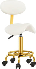 Saddle Stool with Back Support Ergonomic Saddle Chair with Wheels Hydraulic Stool Rolling Soft Cushion for Tattoo Salon Shop Spa Home White