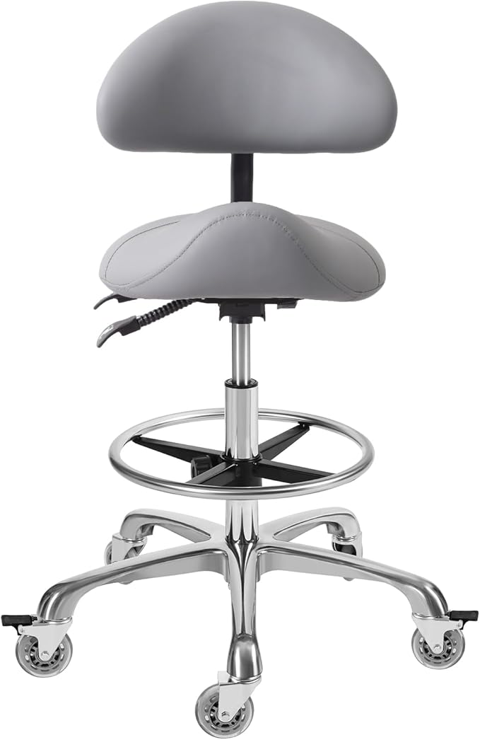 Saddle Stool Chair with Backrest and Footrest- Ergonomic Rolling Saddle Stools Hydraulic Swivel Adjustable Stool Esthetician Chair for Massage Beauty Salon Tattoo Dentist Clinic Home Office (Grey)