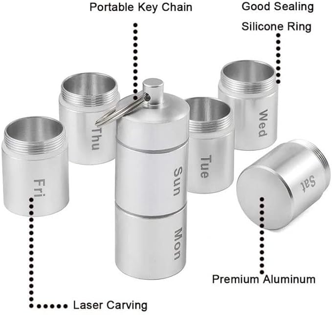 Tvoip Portable Pill Case Keychain Waterproof 7 Days Pill Holder Travel Pill Container Portable Medicine Keychain Daily Airtight Pill Organizer for Outdoor Camping Travel (Silver)