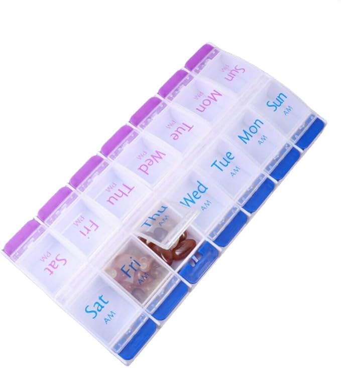 Pill Organizer 7 Day, Pill Box 2 Times a Day AM PM Pill Case, Weekly Pill Container Portable Travel Medicine Box for Vitamins and Supplements (Blue-Purple)