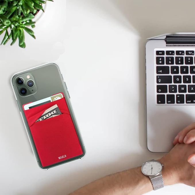 RFID Blocking Phone Card Wallet - Double Secure Pocket - Ultra-Slim Self Adhesive Credit Card Holder Card Sleeves Phone Wallet Sticker All Smartphones(Red)-2PC