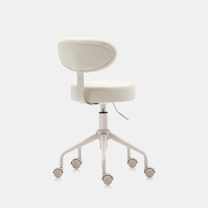 Adjustable Height Hydraulic Rolling Swivel Stool Chair with Metal Base and Faux Leather Cushion for Salon, Medical, Office and Home, 503 Kai Series, Round Seat with Backrest, Vanilla