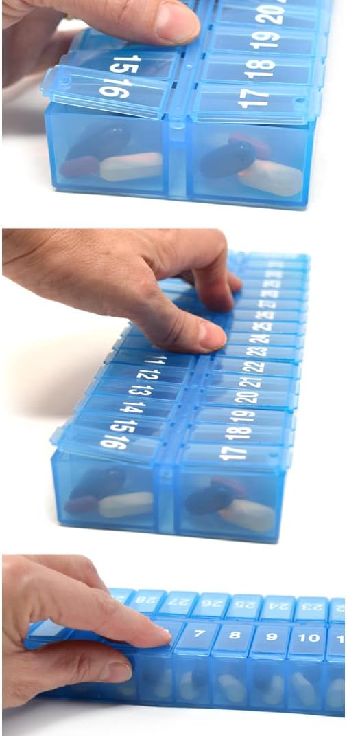 31 Day Monthly Pill Organizer, Once-A-Day Medication Planner with Removable Lid, Large Compartments, 3 Color Set for Multiple People Or 3 Times-Daily Use (3X a Day - Yellow, Clear & Blue)