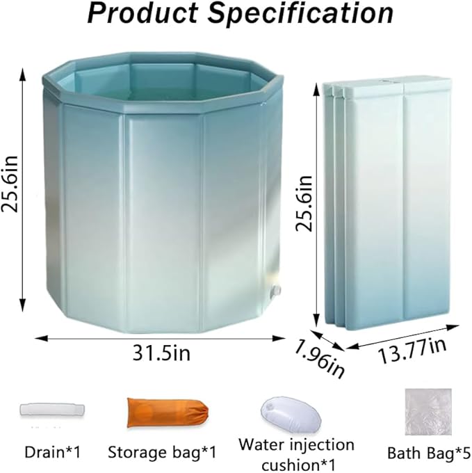 Simcat Portable Foldable Ice Bath Tub, Large Portable Bath Tub for Adults, Suitable for Outdoor Gym, Easy to Assemble Collapsible Bathtub, Ice Bath, Family Bathroom SPA Tub(31.5 in Gradient Blue)