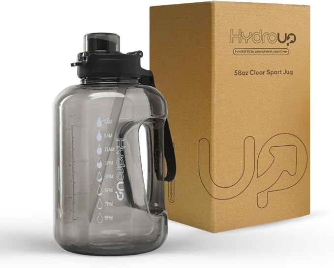 Sport Jug 58oz – Large Clear Plastic Water Jug with 2-in-1 Straw & Chug Lid, Motivational Time Markers, BPA-Free, Leakproof