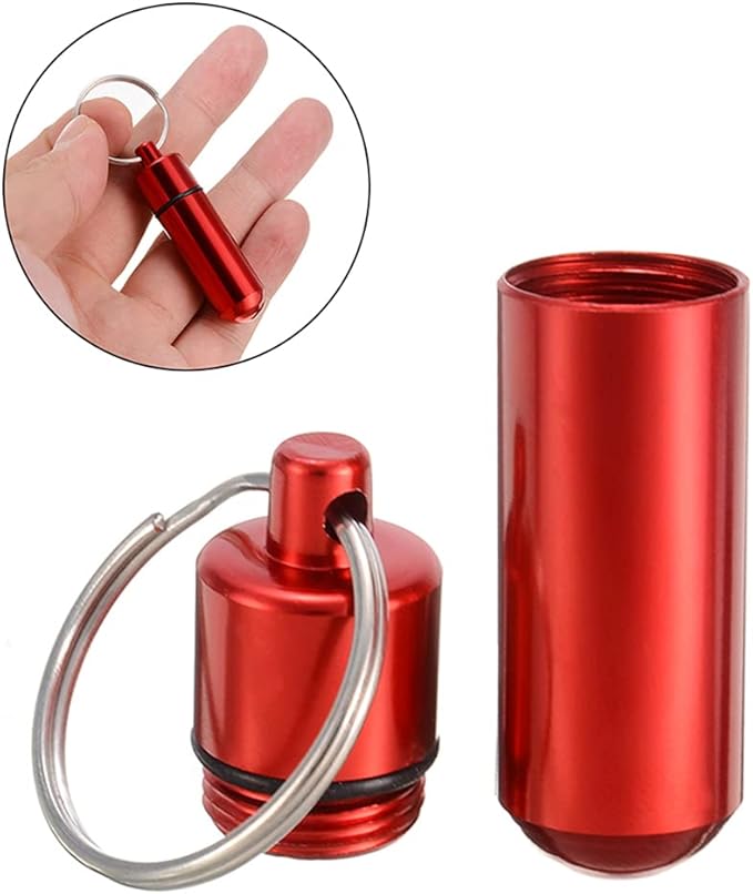 AKOAK 2 Pcs Colorful Round Aluminum Alloy Pill Bottle, Emergency Jar, Waterproof Outdoor Travel Portable Pill Bottle Key Chain (Red)