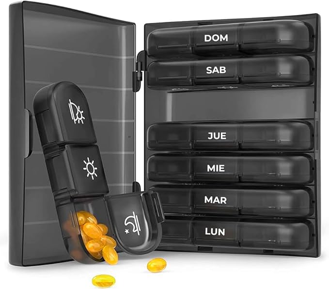 Weekly Pill Box 3 Takes 100% in Spanish – COLOR: BLACK | 7 Individual Pill Boxes for Each Day in Spanish with 21 Compartments (3 Daily Shots) | Travel Pill Organizer | Nexum Market