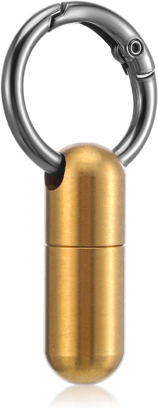 Small Pill Case Keychain Tiny Portable Carabiner Clip Pill Holder Bottle Micro Waterproof Metal Pill Container Mini Emergency Medicine Organizer for Outdoor Camping Travel Purse (Gold)