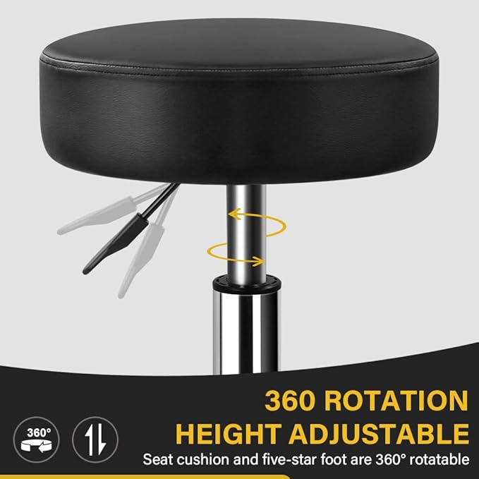 Heavy Duty Rolling Stool with Wheels Hydraulic Swivel Adjustable Rolling Chair Ergonomic Thick Leather Seat Stool Chair for Kitchen Drafting Lab Office Salon Message Stool – Black