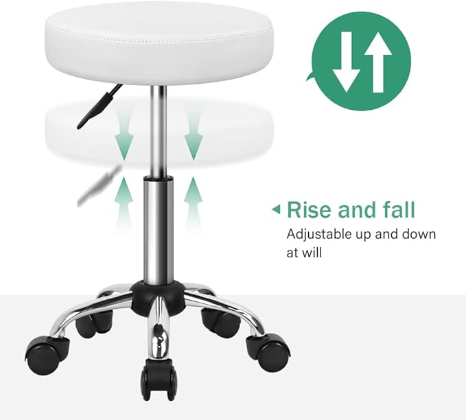 FURWOO Adjustable Salon Chair Small Rolling Stool with Wheels for Spa Salon Massage Home Office White
