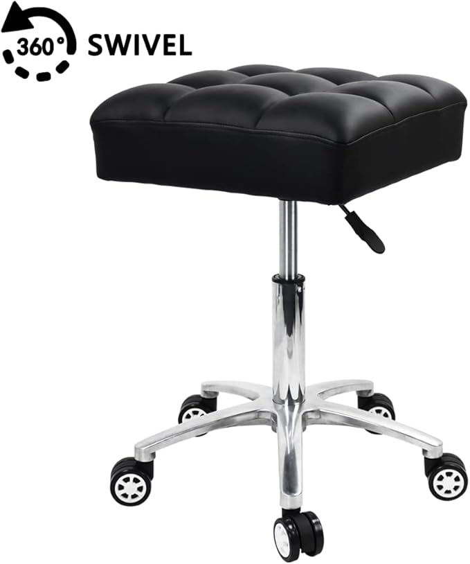 Rolling Stools Square Seat Thick PU Leather 360° Swivel Stool with Wheels Hydraulic Lift Height Adjustable Stool Chair for Home Kitchen Drafting Lab Office Salon Massage Stool（Black）