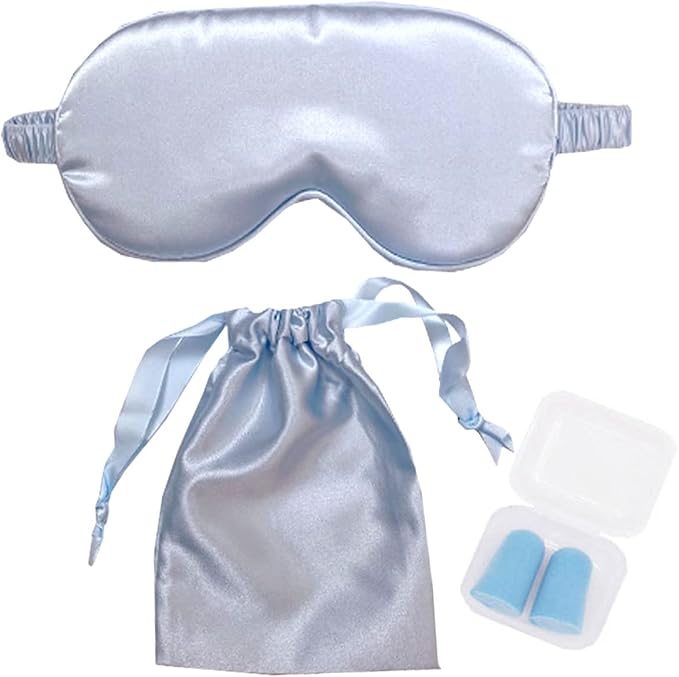 HappyDaily Sleep Mask Set with Luxury Travel Pouch and Boxed Ear Plug - Soft and Comfortable Eye Shade Eye Cover for Full Night Sleep,Nap,Travel (Light Blue)