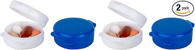 Ezy Dose Daily Round Pocket Pharmacy, Portable On-The-Go, Pill Box, Organizer and Vitamin Containers, Snap Shut Lids, Perfect for Traveling, Colors May Vary, 4 Pack