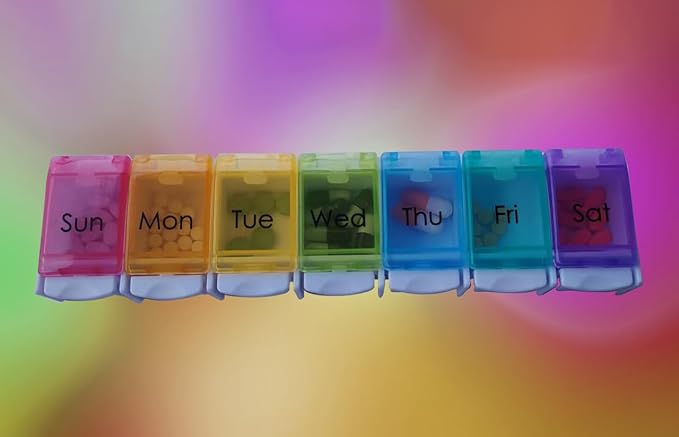 Extra Large Weekly 7 Day Pill Organizer with Spring Open Design,Push Button Pill Box with Rainbow lids,Portable Medicine case and 7 Large Compartment for Travel.