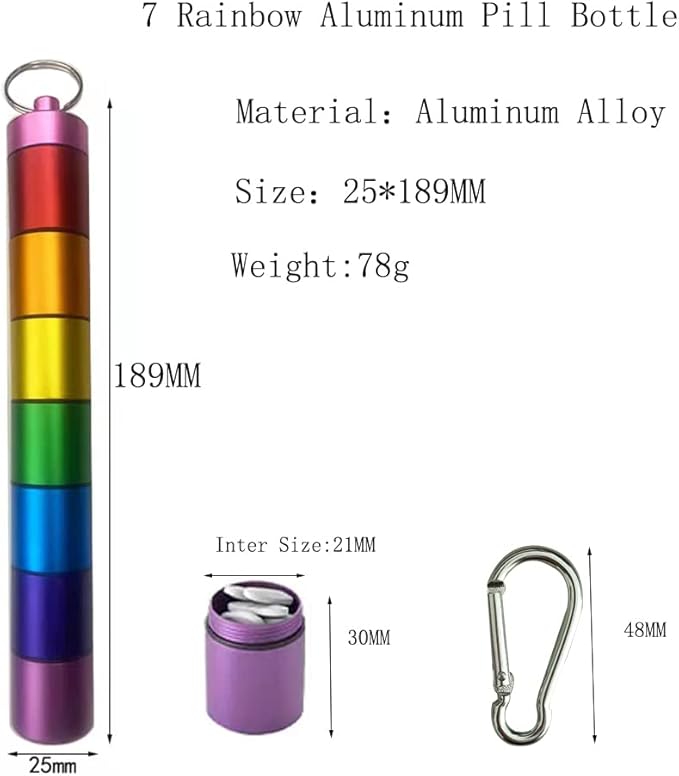7 Days Rainbow Colour Aluminum Cantainer with Carabiner ，Stackable Metal Container，Waterproof Travel Cute Box Holder (1 Rainbow Container and 1 Silver Container