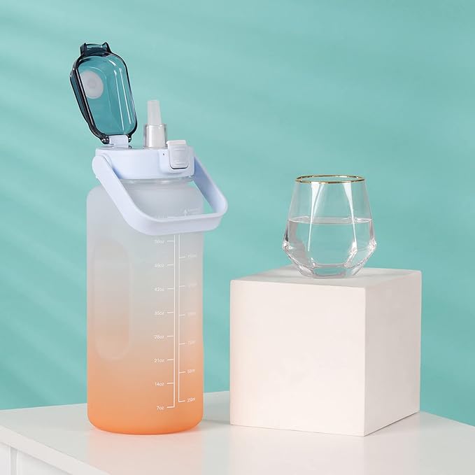 Large Motivational Water Bottle with Straw Time Marker BPA Free for Sport and Fitness (Blue Orange, 64 Oz / Half Gallon)