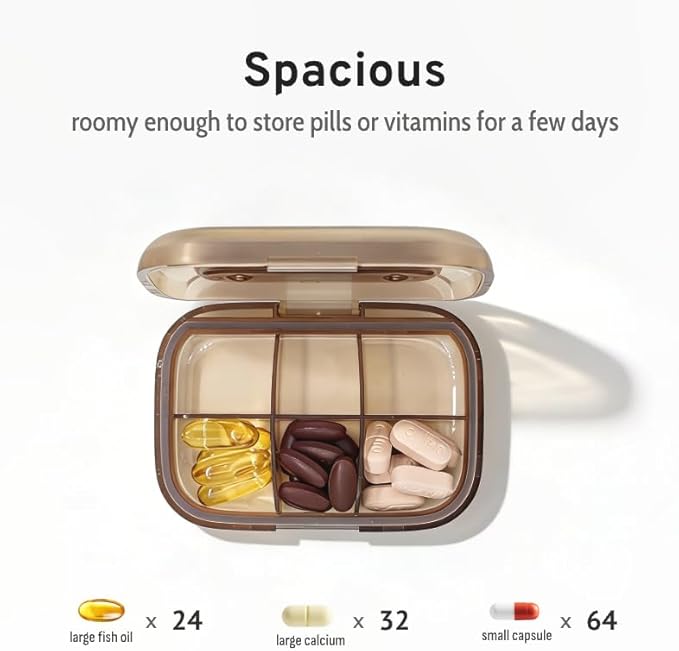 Small Travel Pill Case, Portable Brown Pill Box with Removable Magnetic Mini Pod, Lightproof Moistureproof Pill Dispenser, Compact Medication & Vitamin Organizer
