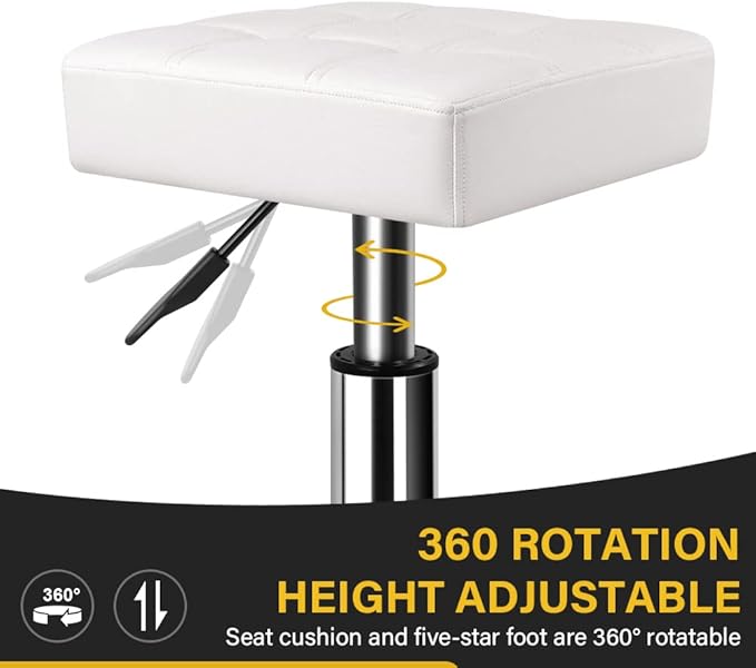 Modern Heavy Duty Rolling Stoool Square Thick Leather Seat 360 Swivel Stool with Wheels Height Adjustable Stool Chair for Home Kitchen Drafting Lab Office Salon Massage（White）