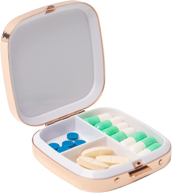 Portable Metal Travel Medicine Box/3 Compartments (Square Gold)