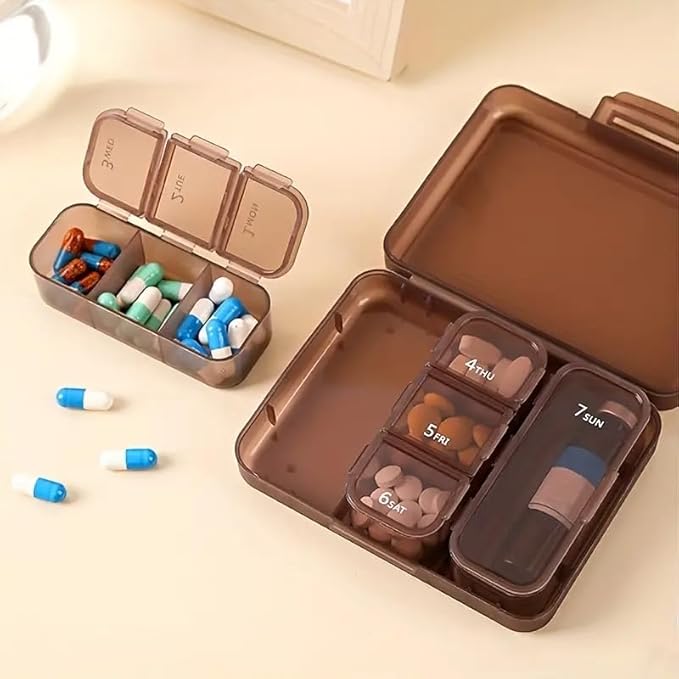 Portable Pill Box Moisture Proof Pocket Pill Organizer Dispenser Cute Compact Nice Tablet Box Travel Daily Pill Case Store Vitamins Medicines Fish Oil Pill Boxes with Compartments (Brown)