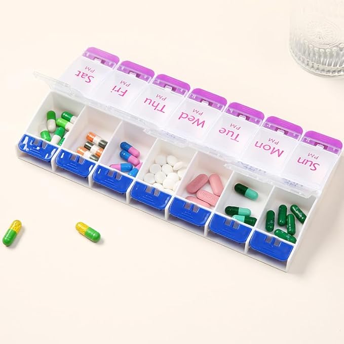 Daily Pill Case Organizer, 7-Day Weekly Medicine Planner Organizer, AM PM, Large Tray 14-Compartment Meds Box Container Holder for Medication, Vitamin, Supplement, Fish Oil, Purple + Blue