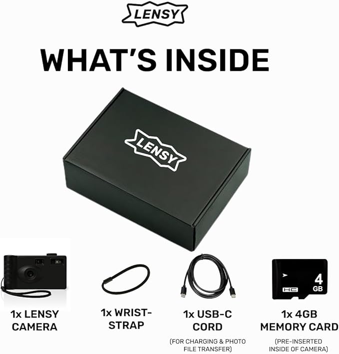 LENSY Screen Free Digital Camera | Four Built in Filters | Rechargeable, 8mp, Lightweight, Focus-Free, Auto-Flash, Easy-to-Use, Reusable, Retro Film-Style Photos (Matte Black)