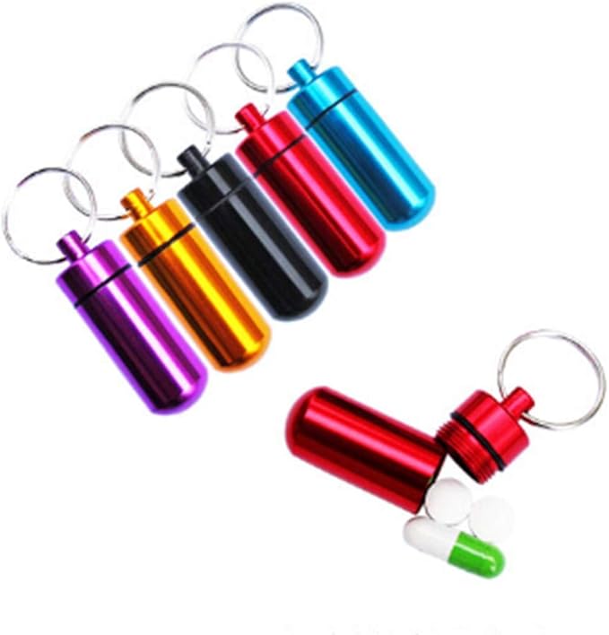 Purple Pill Organizer Mini Pill Box, Metal Pill Box Emergency Medicine Drug Box Tank with Keychain Case Stainless Steel for Outdoor Travel Waterproof Case Outdoor Camping Hiking Traveling