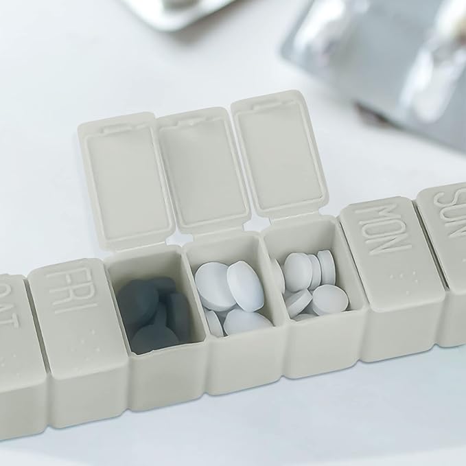 Weekly Small Pill Organizer, 7 Day Pill Case, Daily Vitamin Case Medicine Box, Pill Containers for Medicine Supplements Fish Oil(2Pcs,Grey)