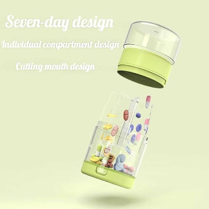 3-in-1 Travel Pill Organizer, Clutter Box Pill Organizer,Cute Pill Dispenser with 7 Large Compartments, Portable Pill Bottle Organizer with Wide Opening with Cutter (White)