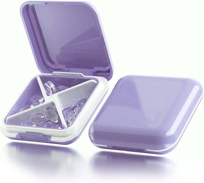 Small Pill Box Waterproof Travel Pill Case Portable Daily Pill Container Pill Holder Purse 4 Compartments Compact Medicine Organizer for Vitamin,Fish Oils,Supplements,Medication (Purple)