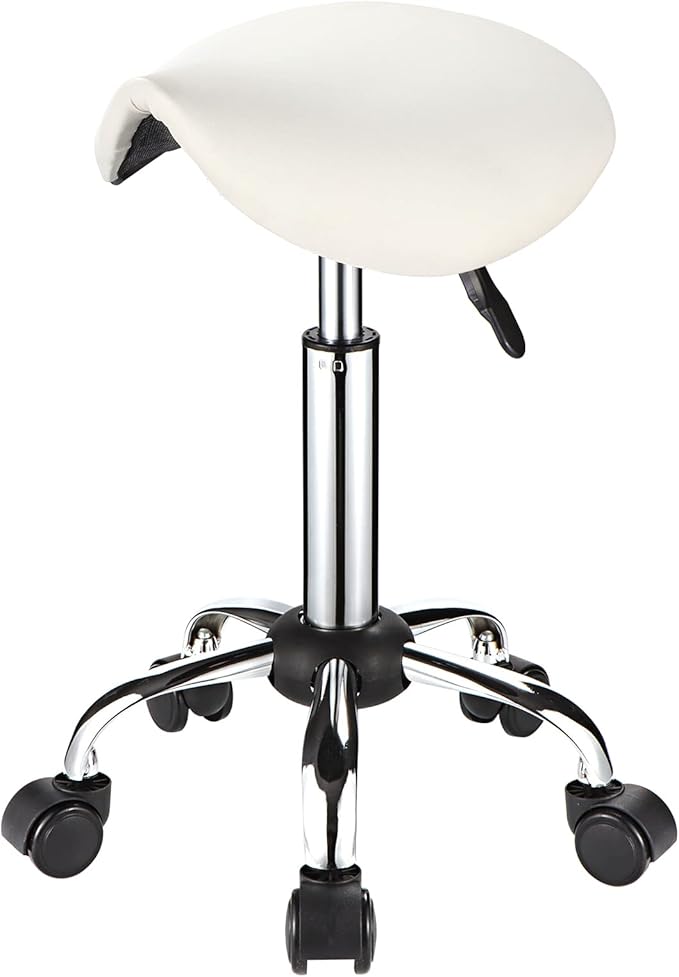 Saddle Rolling Stool with Wheels PU Leather Height Adjustable Swivel Stools Chair White