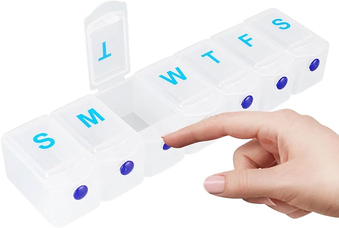 Extra Large Weekly Pill Organizer 1 Time a Day, Travel Pill Box 7 Day, Portable Pill Case with Push Button, Daily Pill Dispenser for Medication Vitamins Fish Oil Supplements