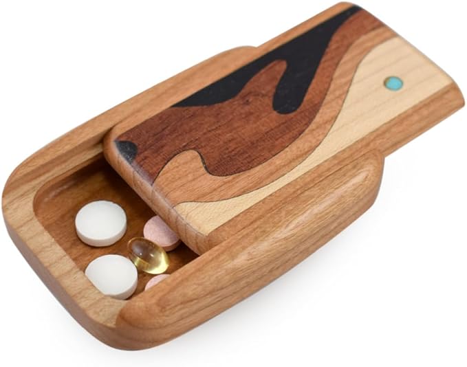 Modern Artisans American Made Pocket-Sized Pill Box (Thin Size) - Cherry Wood with Inlaid Wave Design