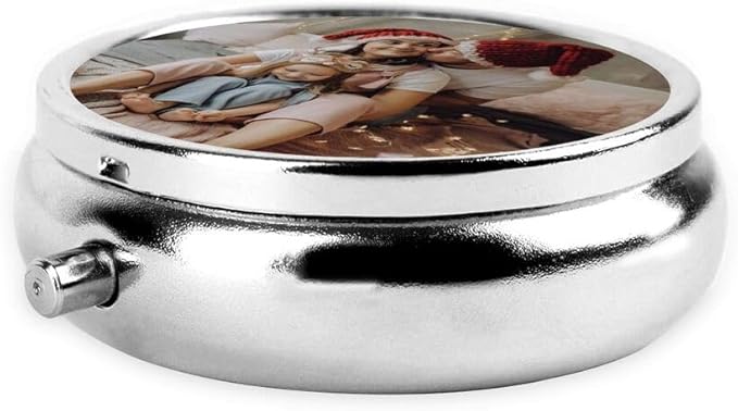 Custom Pill Box with 2 Compartment, Personalized Photo Text Logo Name Travel Small Pill Case, Customized Portable Metal Medicine Container Vitamin Organizer, Round