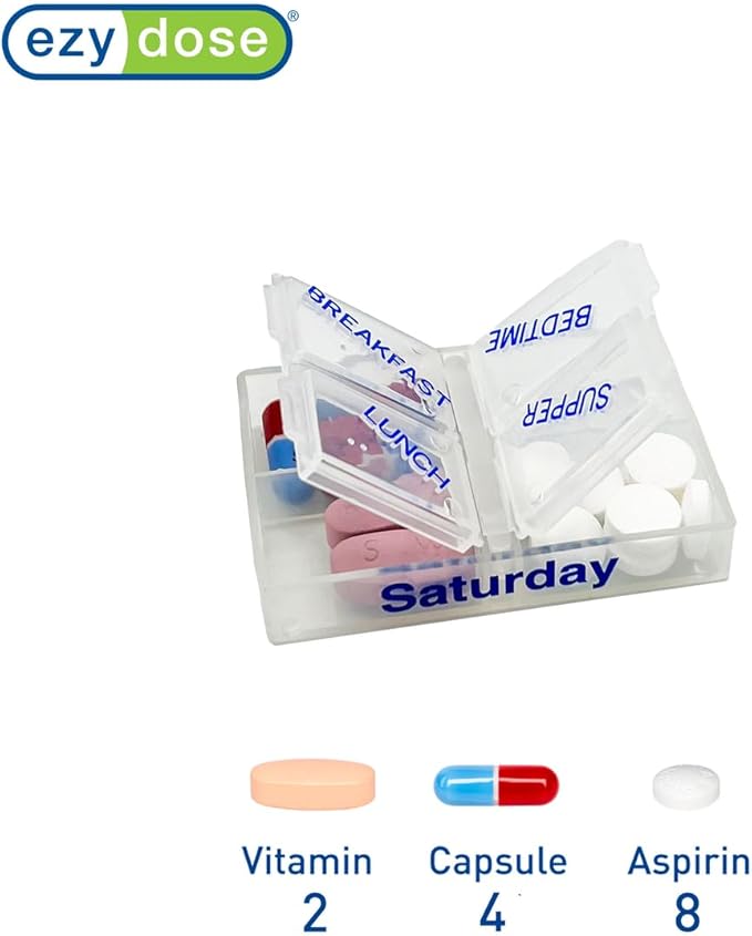 EZY DOSE Weekly (7-Day) Pill Case, Medicine Planner, Vitamin Organizer Box, Pop-Out Compartments, 4 Times a Day, Pocket Sized and Travel Friendly, Clear Lids, BPA Free