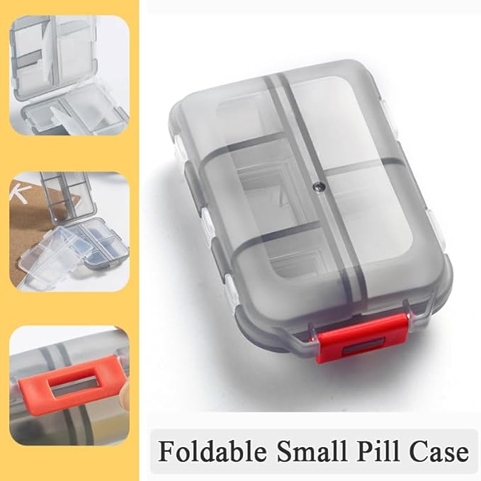 Weekly Travel Pill Organizer Box, 10 Compartments Small Fold Medicine Case Holder, Daily AM PM Morning Night Pocket Travel Capsule Dispenser for Vitamin, Fish Oil, Supplement, Tablet, Grey