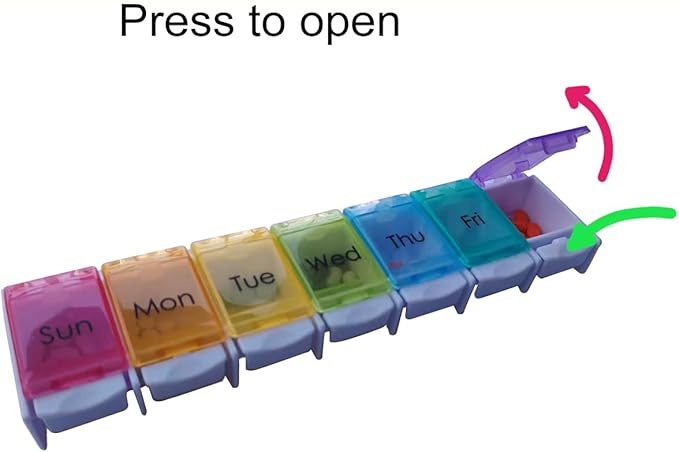Extra Large Weekly 7 Day Pill Organizer with Spring Open Design,Push Button Pill Box with Rainbow lids,Portable Medicine case and 7 Large Compartment for Travel.