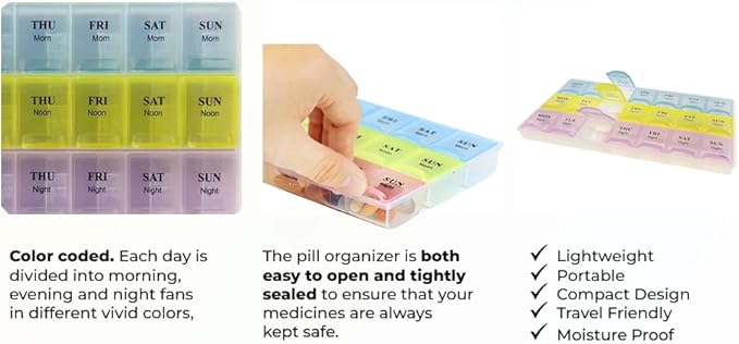 Weekly Pill Organizer with Snap Lids |7-Day Morn/NOON/Night |for Pills, Vitamin.