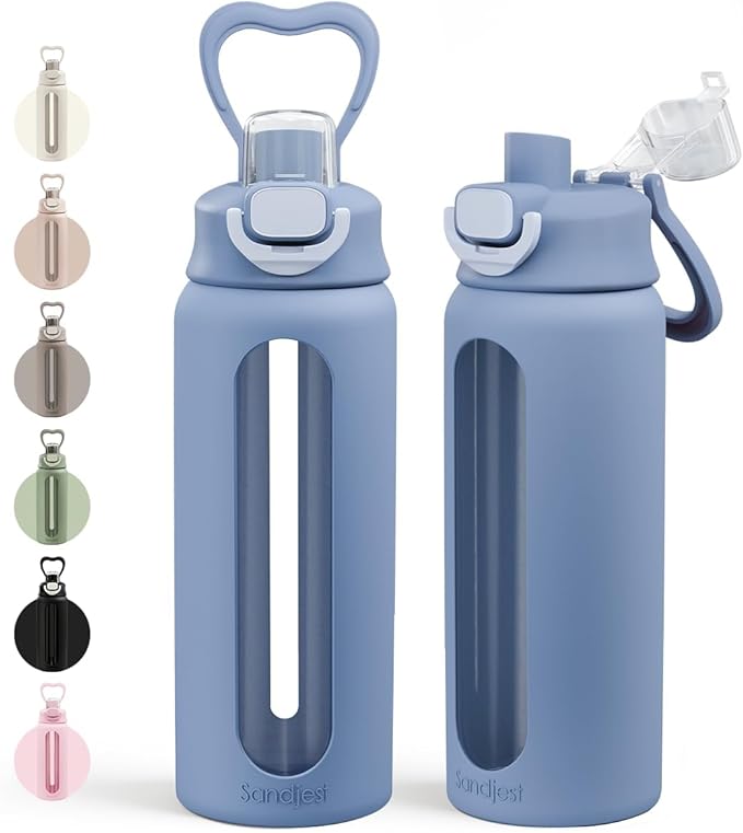 Glass Water Bottle with Silicone Sleeve 24oz with Lid, Motivational Time Marker, Drinking Hydration Glass Bottles for Men Women, Gym Travel Sports (Blue)