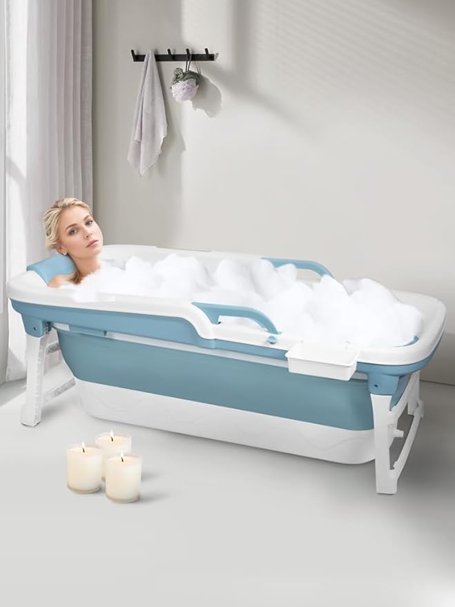 51" Portable Bathtub for Adult,Foldable Tub with Handle,Ergonomic Headrest,Soaking Tub,No Lid,Large Collapsible Bathtub for Shower Ice Bath,Hot Bath,Home Sauna, Sweat Steaming (Blue, 130 cm)