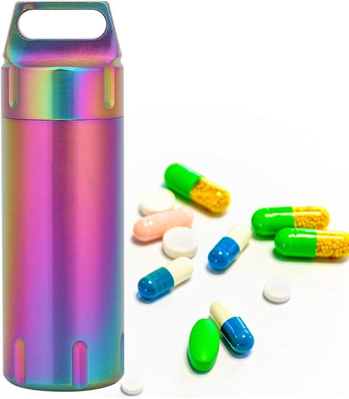 Organizers, Portable Box Case Stainless Steel Pills Case Container Bottles Keychain for Women Man Elderly Outdoor Sports Travel Holder (Colorful)
