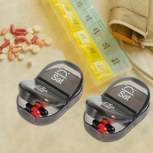 Portable Pill Organizer for Travel, 7-Day Pill Case with 14 Compartments, Pill Holder for Vitamins & Medication, Leak-Proof & Compact Design (Black Shell with Black Grid, 2PCS)