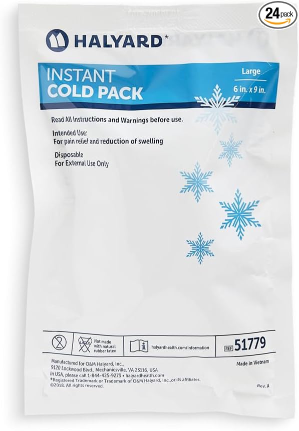 HALYARD Instant Cold Pack Disposable Cold Compress Ice Packs for Swelling Injuries Toothaches Sprains Strains 6 x 9 Inches, 24 Packs Per Case - 51779
