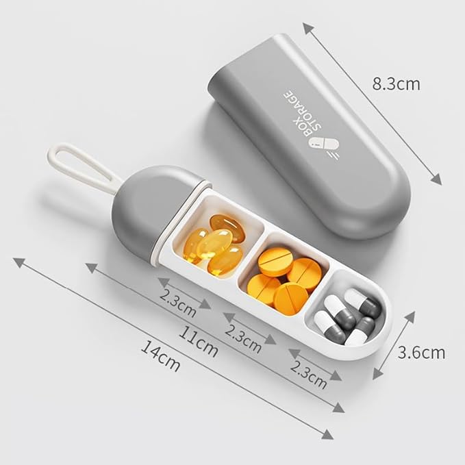 Daily Travel Pill Case, 3-Tray Medicine Planner, Vitamin Organizer Box with Holder, Small Cute Dispenser Tracker Container for Medication, Meds, Capsule, Fish Oil, Tablets, Antibiotics, Grey
