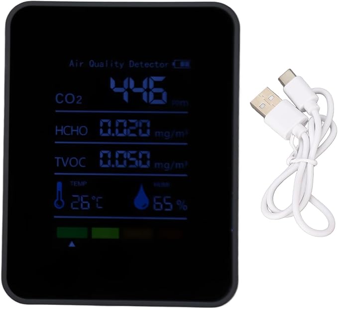 CO2 Monitor Indoor Air Quality Meter Real Time Detection of Carbon Dioxide HCHO TVOC Temperature Humidity Portable Data Logger for Home Office