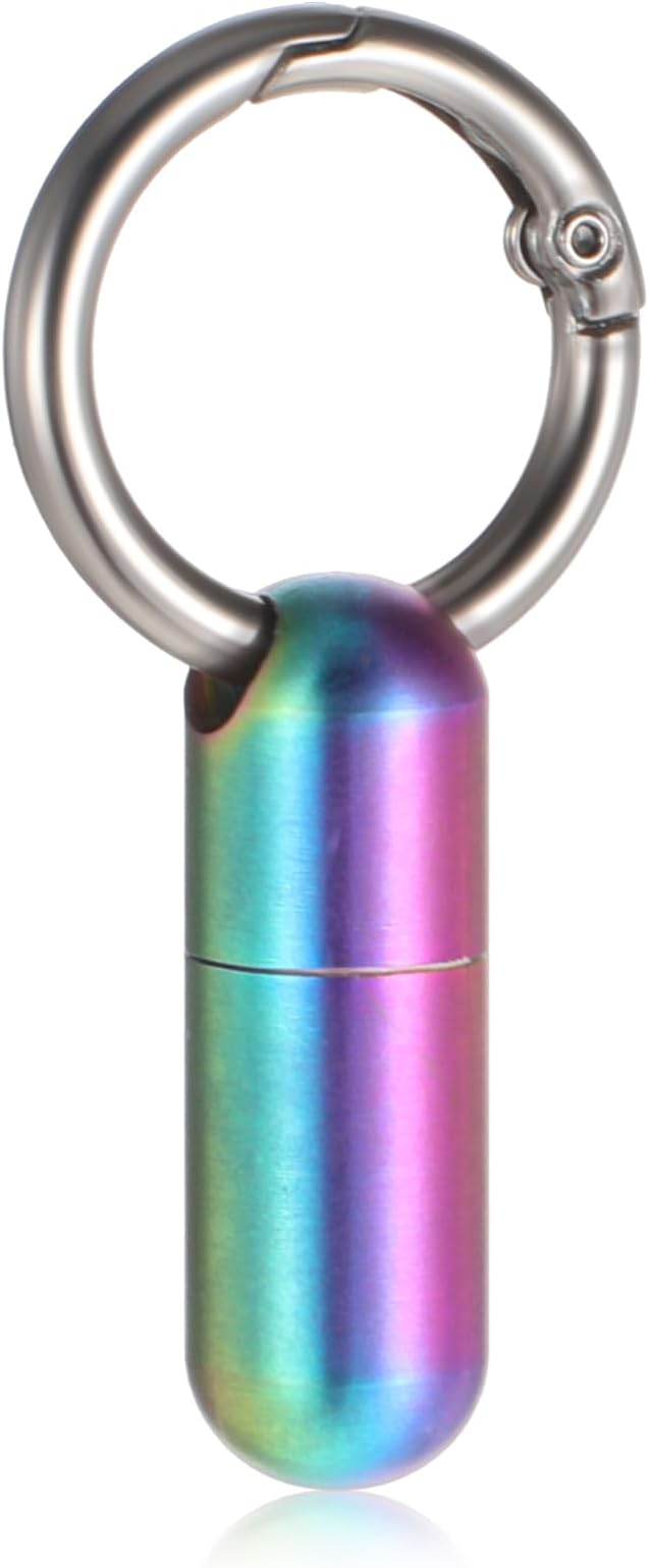 Small Pill Case Keychain Tiny Portable Carabiner Clip Pill Holder Bottle Micro Waterproof Metal Pill Container Mini Emergency Medicine Organizer for Outdoor Camping Travel Purse (Colorful)