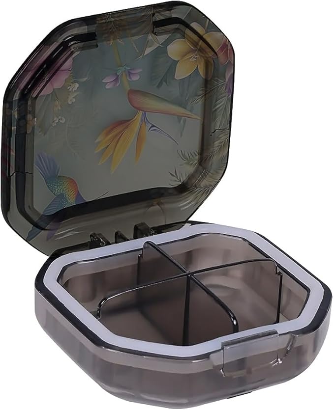 This Portable Hummingbird Tropical Flower Pattern 4 Compartment Pill Box Can Be Placed in A Pocket Or Wallet to Store Vitamins, Medicines Health Supplements Other Medications.