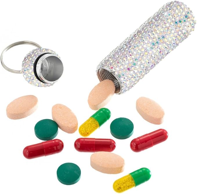 Bling Rhinestone Pill Case Portable Waterproof Pocket Pill Holder Bottle Storage with Keychain for Travel, Outdoor, Camping (ab colorful)